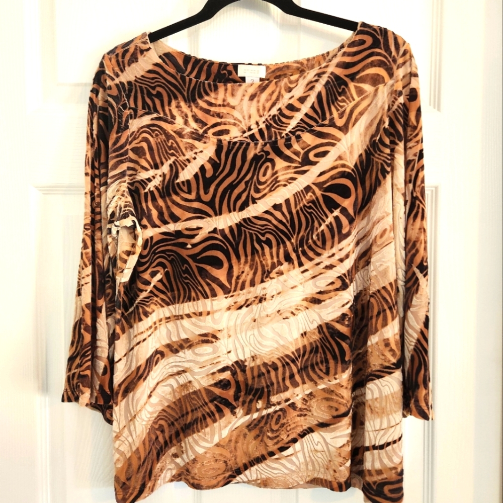 Chicos Women's Size 2 Medium Animal Print  Crushed Velvet Bouse Autumn Colors